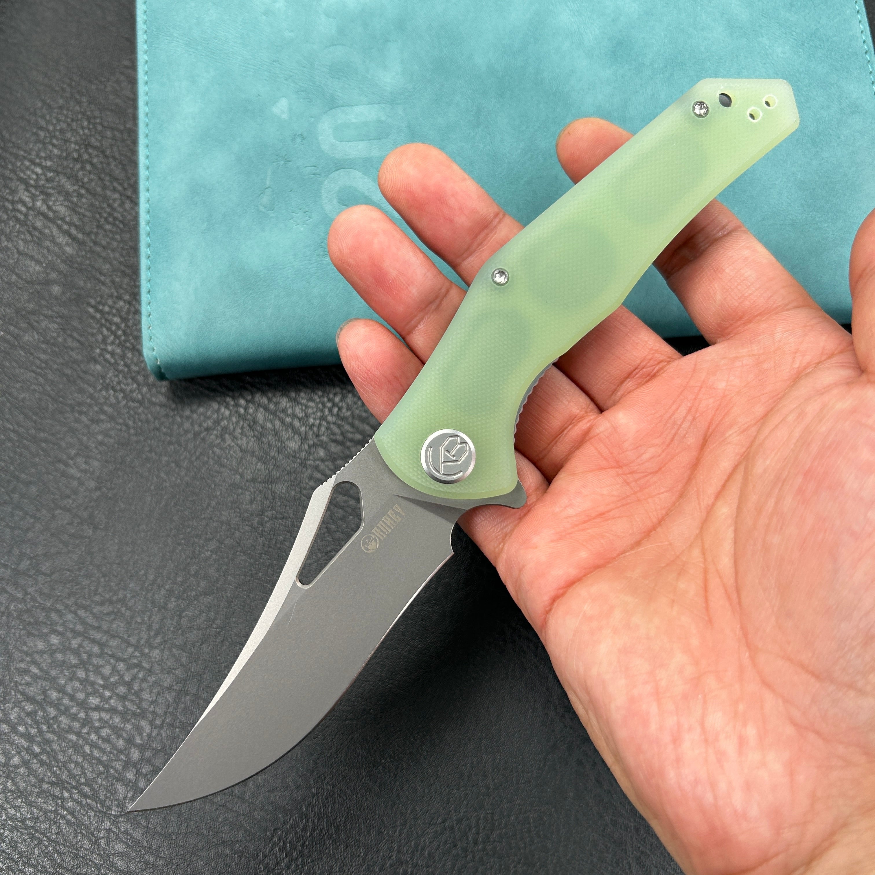 KUBEY KU149D Phemius Liner Lock Folding Pocket Knife Jade G10 Handle 3.66" Sandblast 14C28N