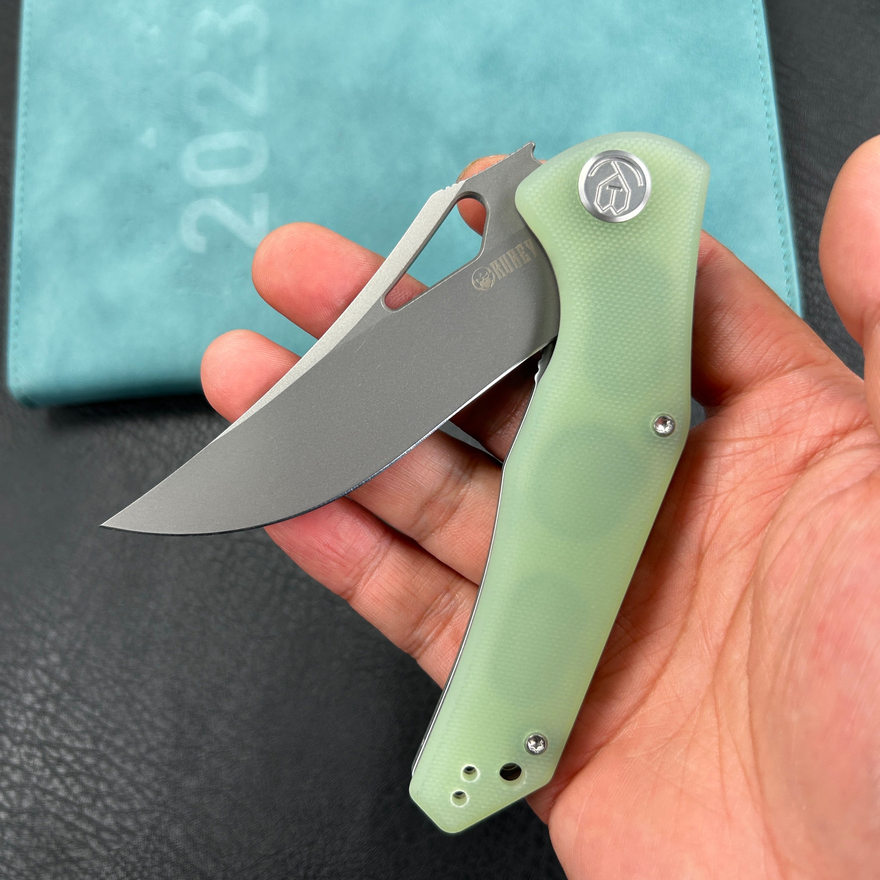 KUBEY KU149D Phemius Liner Lock Folding Pocket Knife Jade G10 Handle 3.66" Sandblast 14C28N