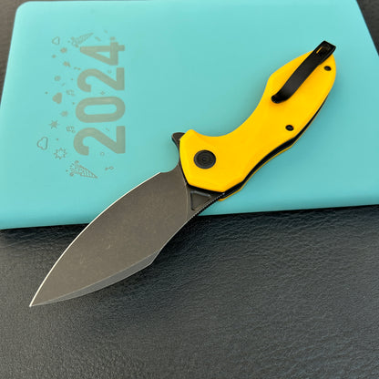 KUBEY KU236N Noble Flipper Folding Knife Yellow G10 Handle 3.15" Blackwash 14C28N
