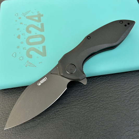 KUBEY KU236O Noble Flipper Folding Knife Black G10 Handle 3.15" Blackwash 14C28N