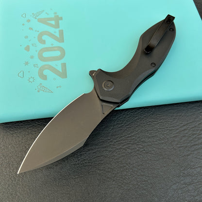 KUBEY KU236O Noble Flipper Folding Knife Black G10 Handle 3.15" Blackwash 14C28N
