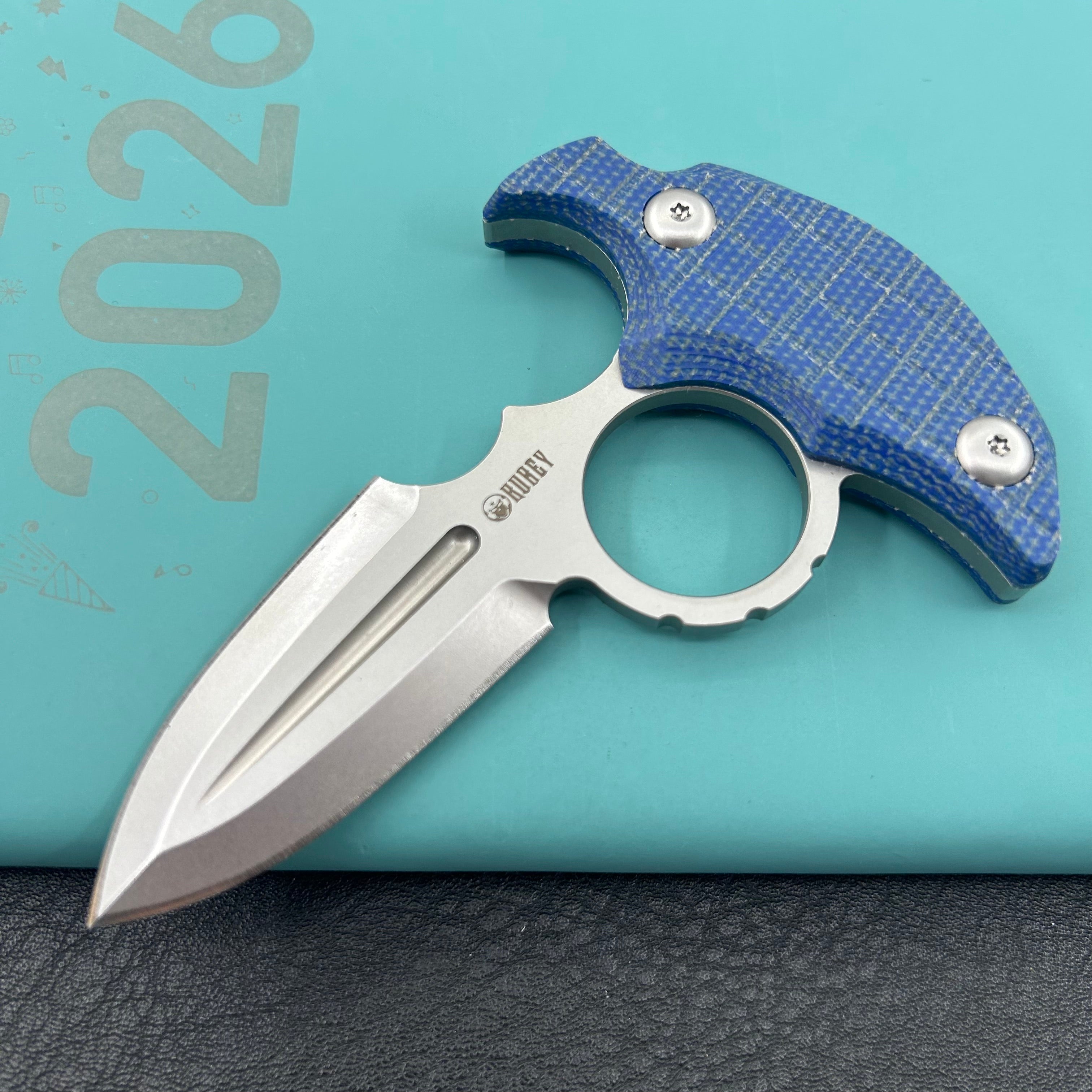 KUBEY Knife KU403D Cavy Fixed Blade Knife Blue Micarta Handle 2.95'' Stonewash 14C28N Blade