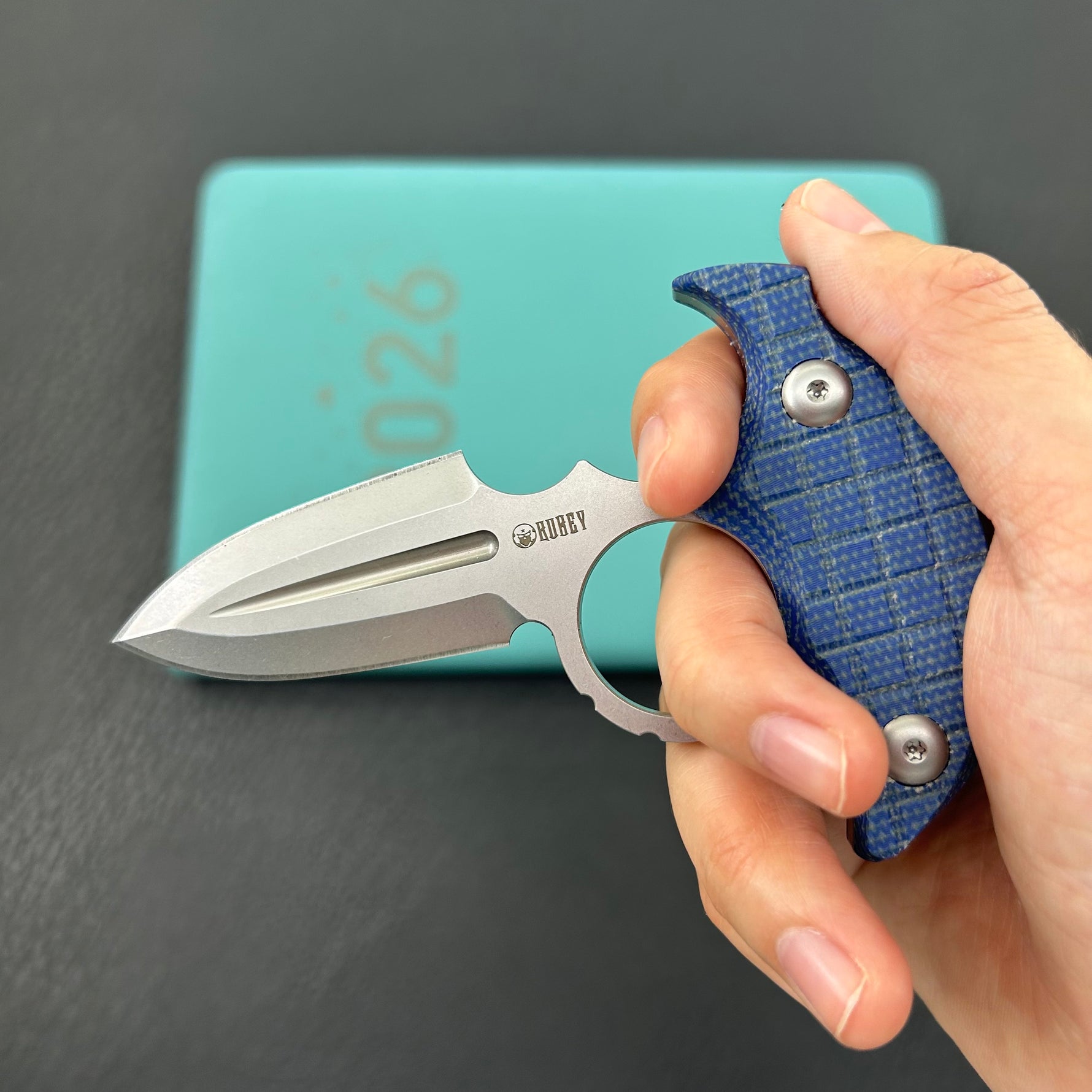 KUBEY Knife KU403D Cavy Fixed Blade Knife Blue Micarta Handle 2.95'' Stonewash 14C28N Blade