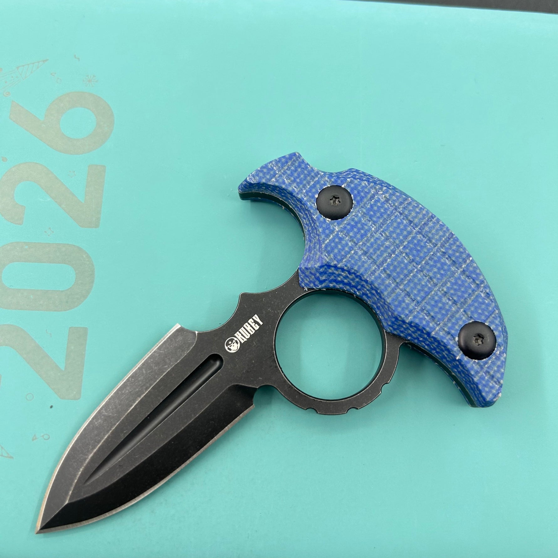 KUBEY Knife KU403C Cavy Fixed Blade Knife Blue Micarta Handle 2.95'' Blackwash 14C28N Blade
