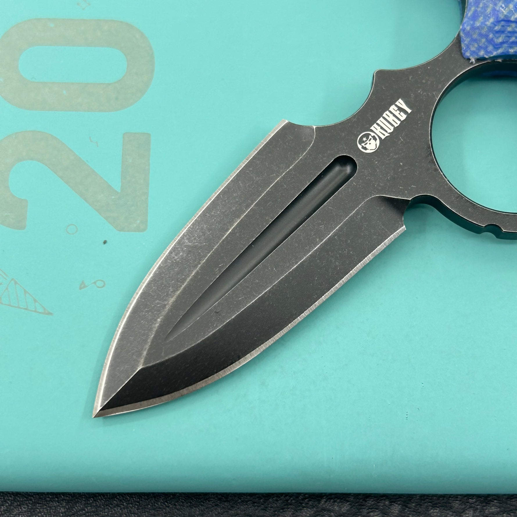 KUBEY Knife KU403C Cavy Fixed Blade Knife Blue Micarta Handle 2.95'' Blackwash 14C28N Blade