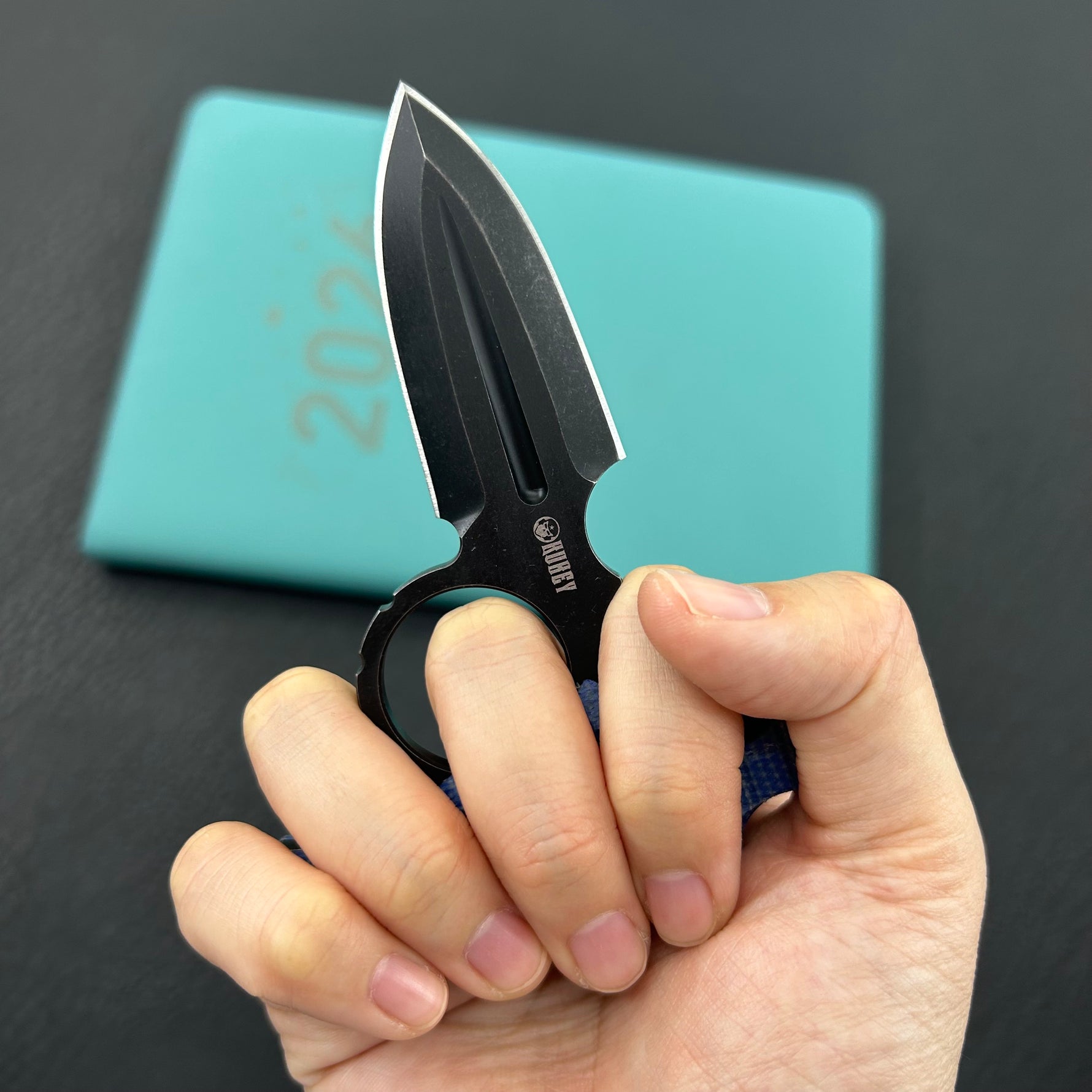 KUBEY Knife KU403C Cavy Fixed Blade Knife Blue Micarta Handle 2.95'' Blackwash 14C28N Blade