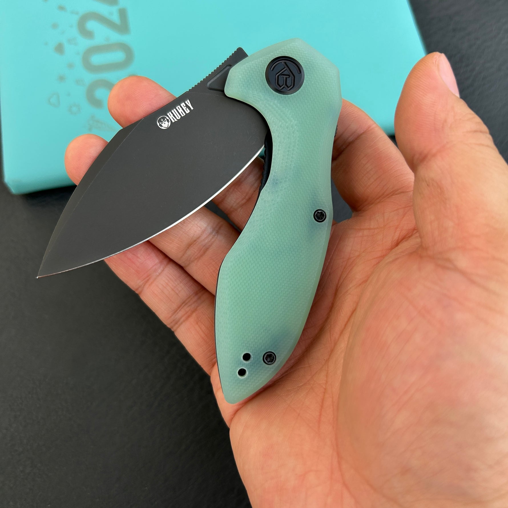 KUBEY KU236Q Noble Flipper Folding Knife Jade G10 Handle 3.15" Blackwash 14C28N