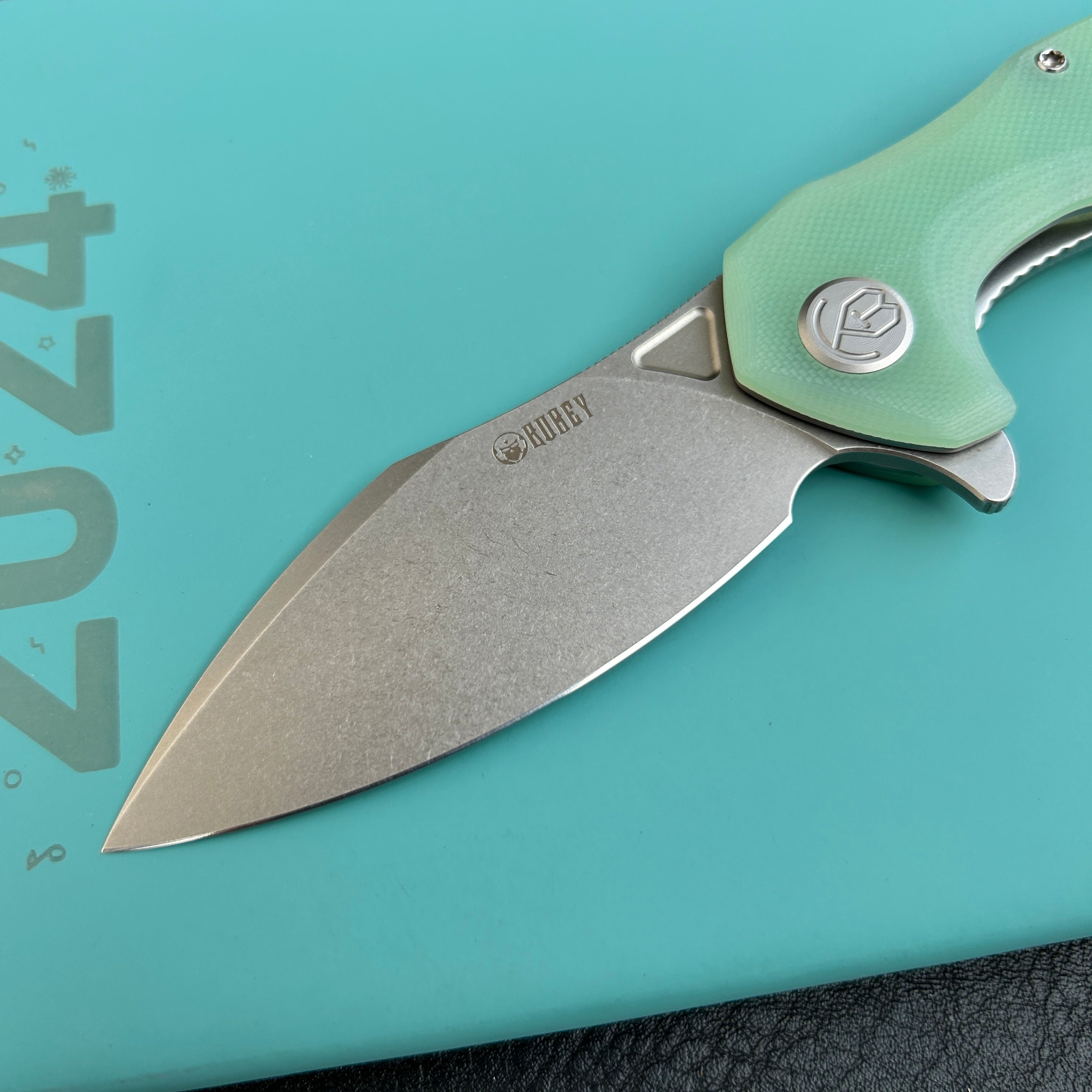 KUBEY KU236M  Noble Flipper Folding Knife Jade G10 Handle 3.15" Beadblast 14C28N