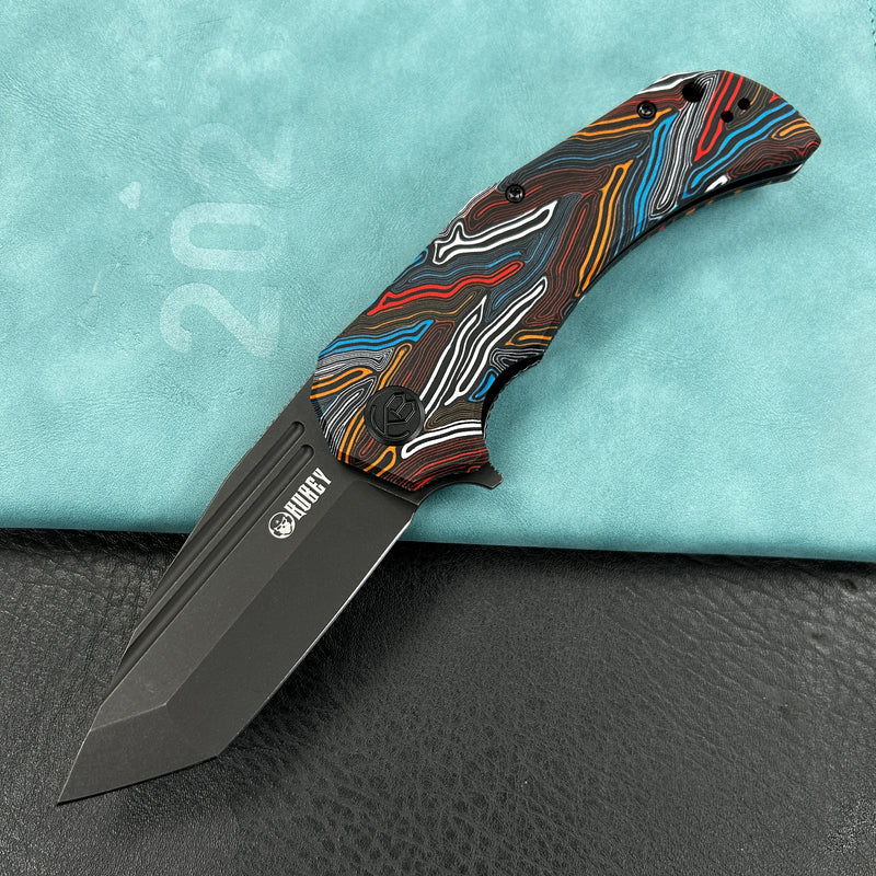KUBEY KU318F Mikkel Willumsen Design Bravo one Tanto Outdoor Folding Camping Knife Damascus Pattern Colorful G10 Handle 3.39" Blackwash AUS-10