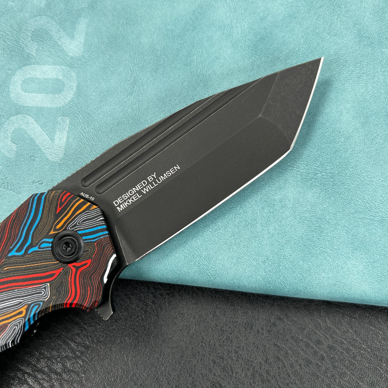 KUBEY KU318F Mikkel Willumsen Design Bravo one Tanto Outdoor Folding Camping Knife Damascus Pattern Colorful G10 Handle 3.39" Blackwash AUS-10