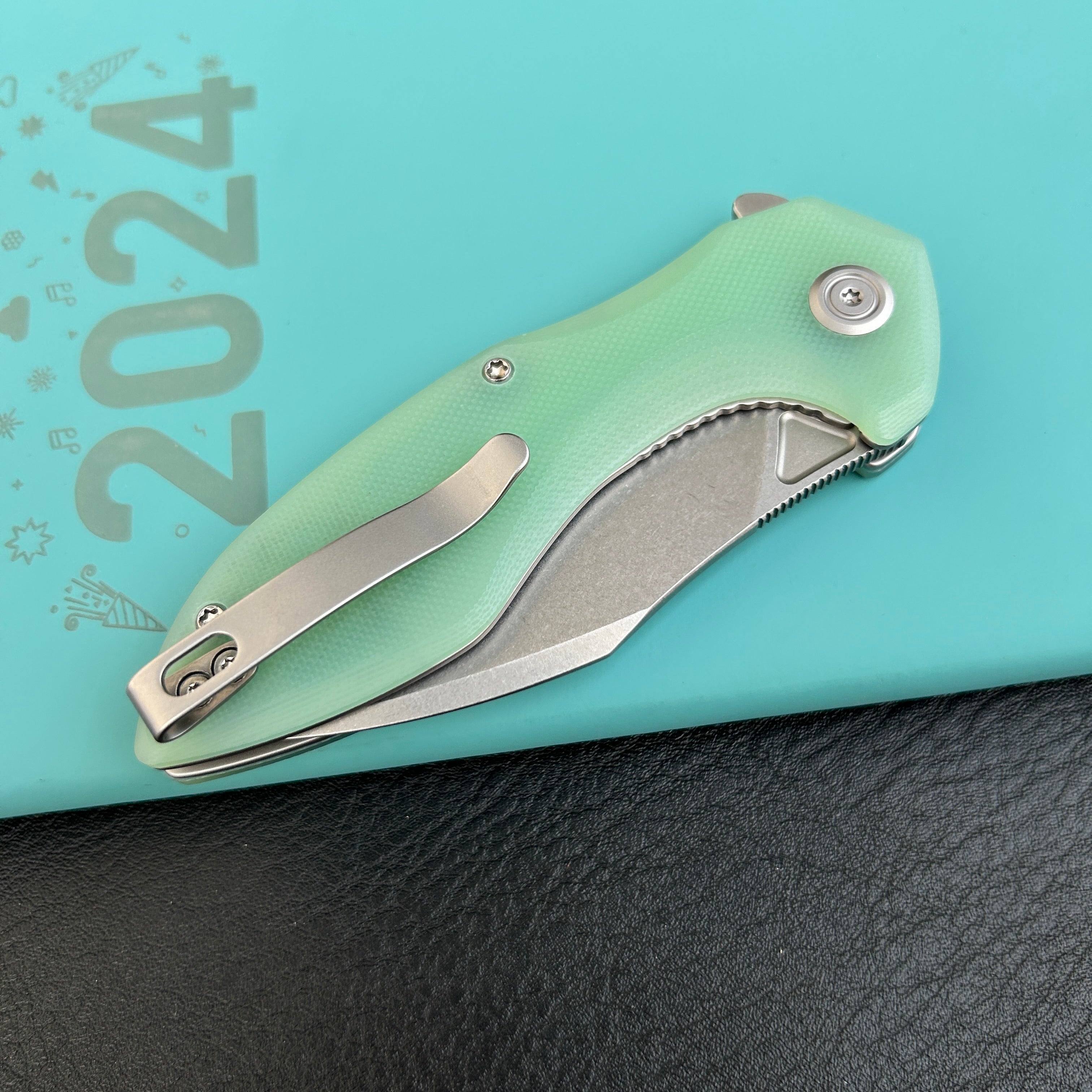 KUBEY KU236M  Noble Flipper Folding Knife Jade G10 Handle 3.15" Beadblast 14C28N