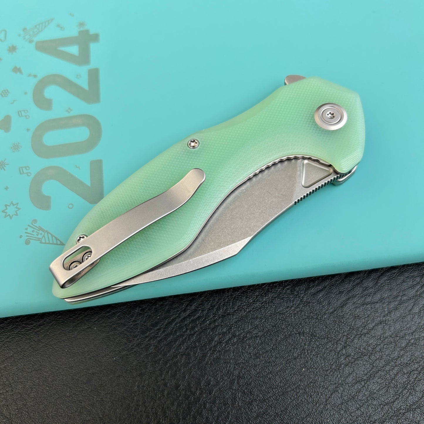 KUBEY KU236M  Noble Flipper Folding Knife Jade G10 Handle 3.15" Beadblast 14C28N