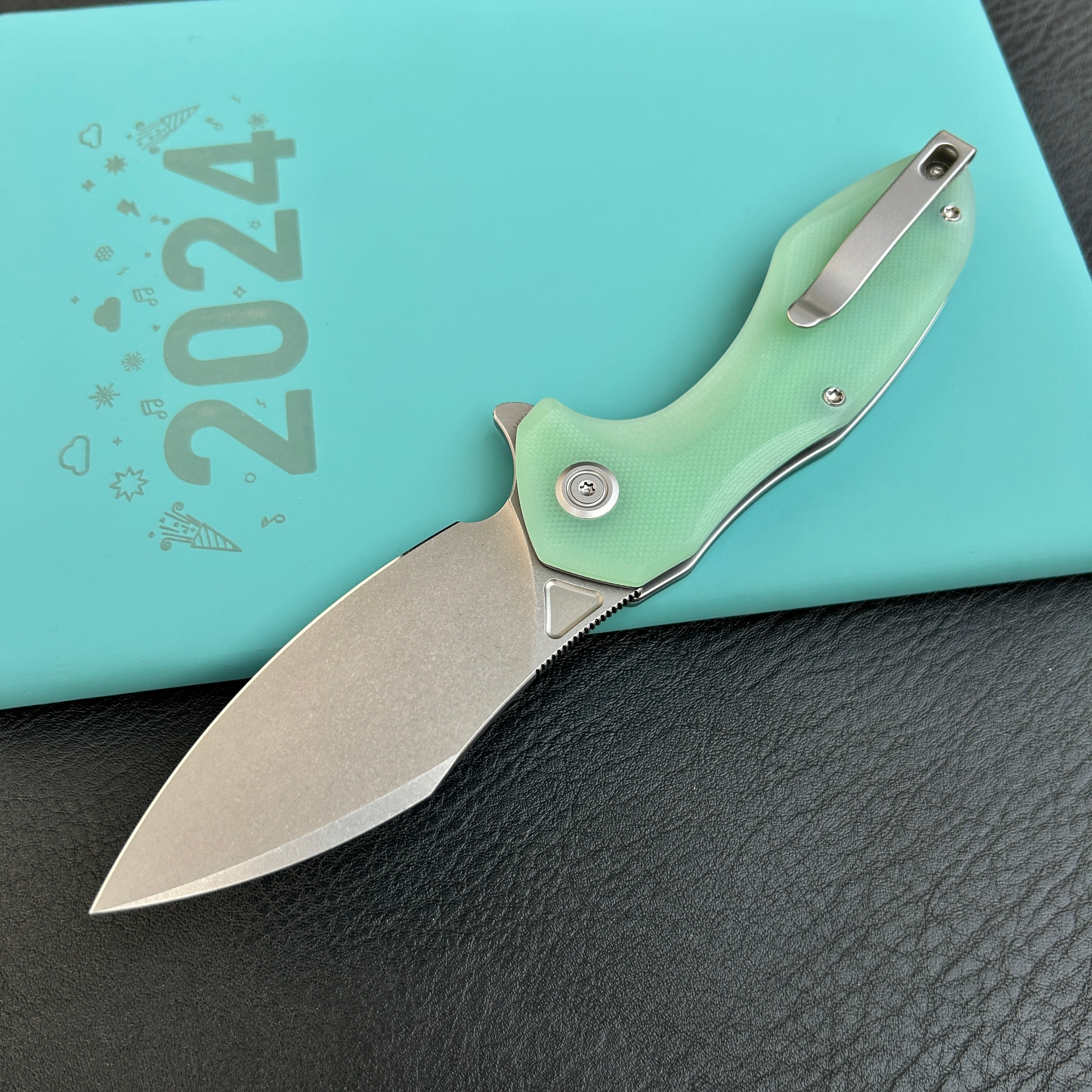 KUBEY KU236M  Noble Flipper Folding Knife Jade G10 Handle 3.15" Beadblast 14C28N