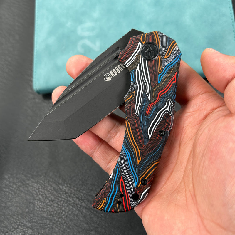 KUBEY KU318F Mikkel Willumsen Design Bravo one Tanto Outdoor Folding Camping Knife Damascus Pattern Colorful G10 Handle 3.39" Blackwash AUS-10