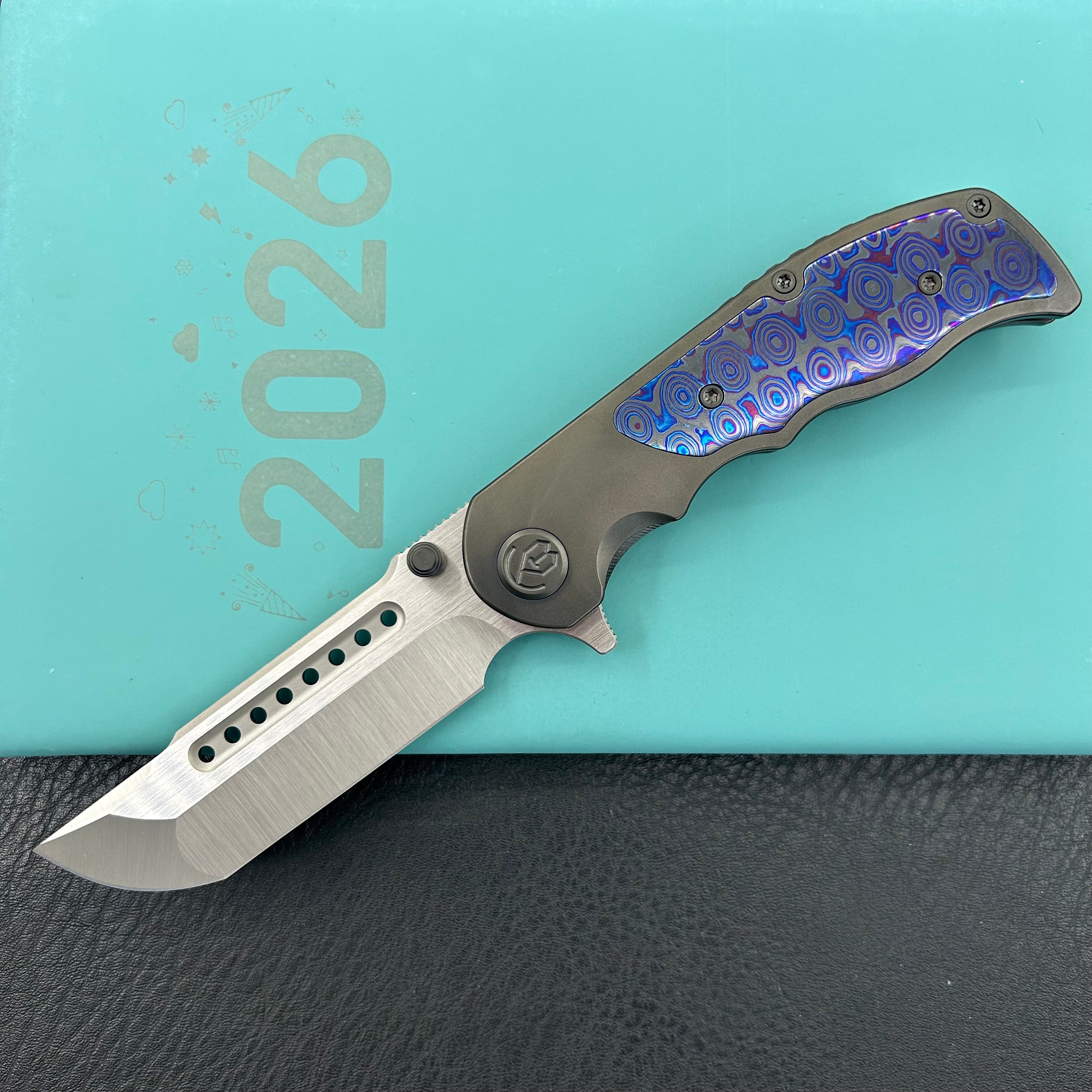 KB KNIVES KB436C Predator Folding Knife DLC Titanium with Zircuti  inlay Handle 3.46'' Belt Satin Bohler M390 Blade