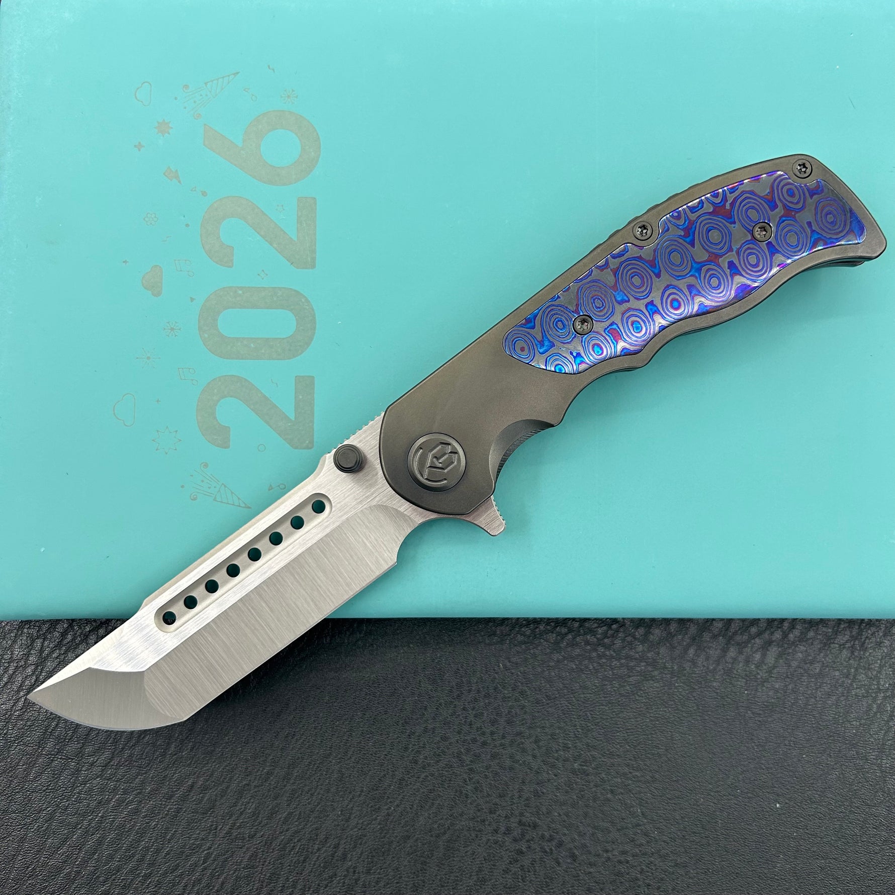 KB KNIVES KB436C Predator Folding Knife DLC Titanium with Zircuti  inlay Handle 3.46'' Belt Satin Bohler M390 Blade