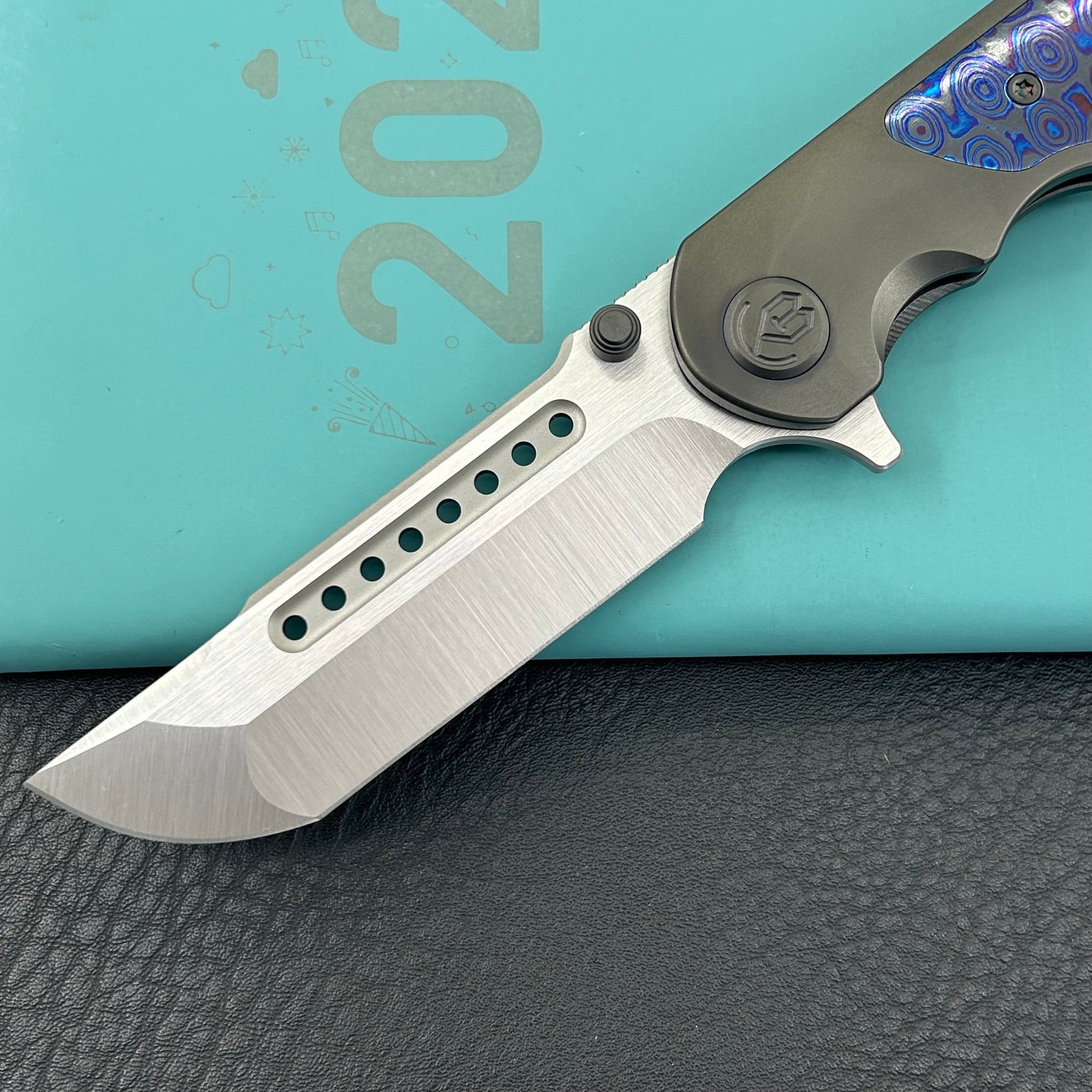 KB KNIVES KB436C Predator Folding Knife DLC Titanium with Zircuti  inlay Handle 3.46'' Belt Satin Bohler M390 Blade
