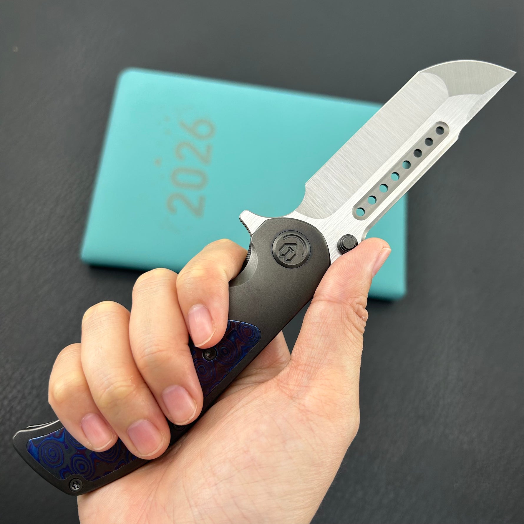 KB KNIVES KB436C Predator Folding Knife DLC Titanium with Zircuti  inlay Handle 3.46'' Belt Satin Bohler M390 Blade