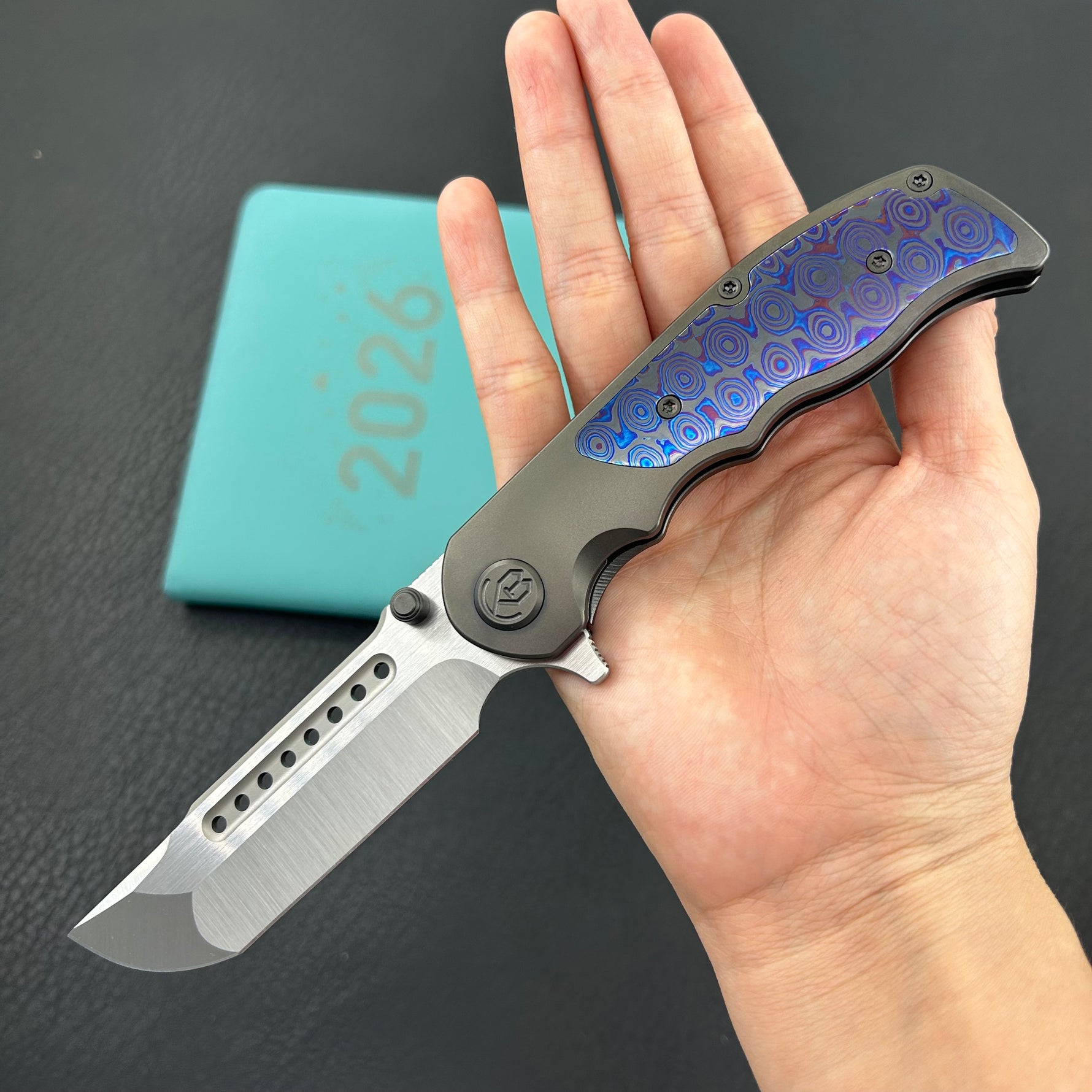 KB KNIVES KB436C Predator Folding Knife DLC Titanium with Zircuti  inlay Handle 3.46'' Belt Satin Bohler M390 Blade