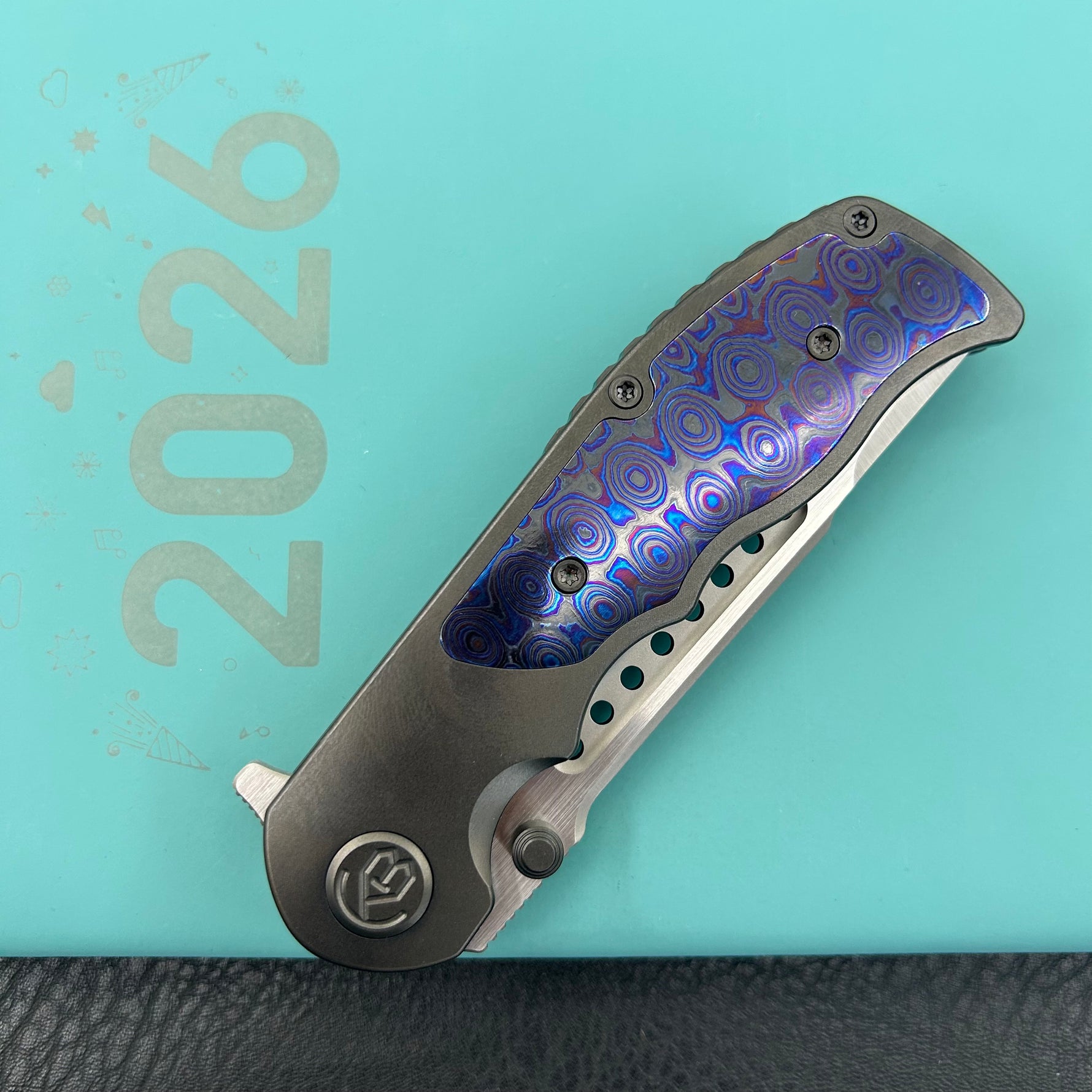 KB KNIVES KB436C Predator Folding Knife DLC Titanium with Zircuti  inlay Handle 3.46'' Belt Satin Bohler M390 Blade