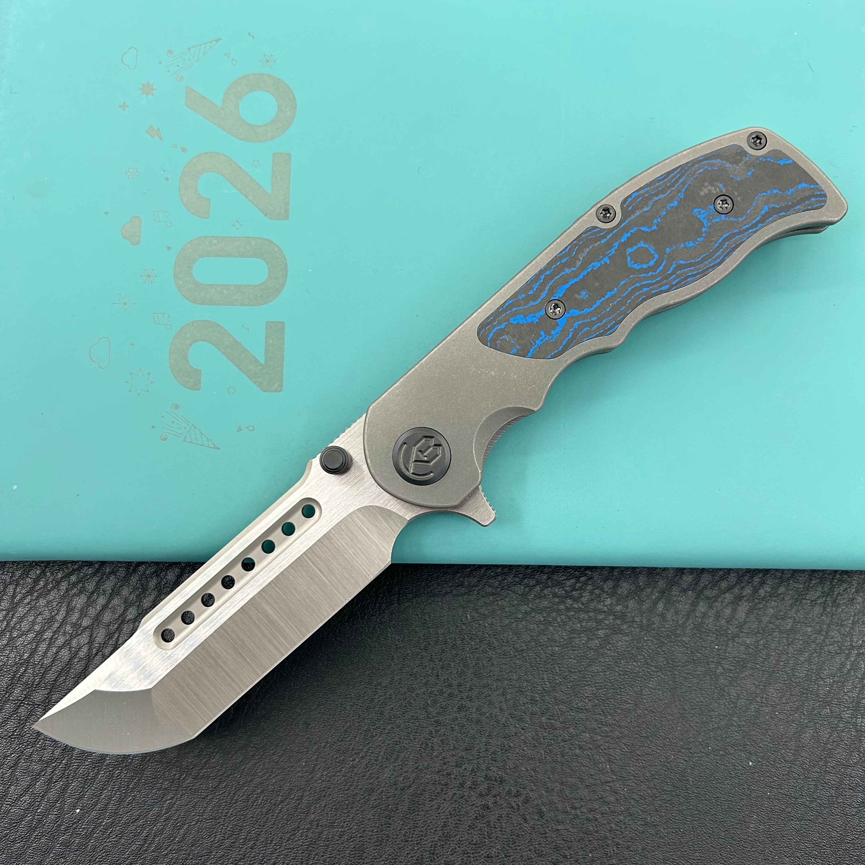 KB KNIVES KB436B Predator Folding Knife Darkwash Titanium with Electric Blue Camo Carbon inlay Handle 3.46'' Belt Satin Bohler M390 Blade