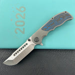 KB KNIVES KB436B Predator Folding Knife Darkwash Titanium with Electric Blue Camo Carbon inlay Handle 3.46'' Belt Satin Bohler M390 Blade
