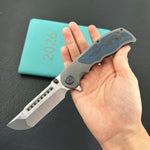 KB KNIVES KB436B Predator Folding Knife Darkwash Titanium with Electric Blue Camo Carbon inlay Handle 3.46'' Belt Satin Bohler M390 Blade