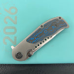KB KNIVES KB436B Predator Folding Knife Darkwash Titanium with Electric Blue Camo Carbon inlay Handle 3.46'' Belt Satin Bohler M390 Blade