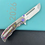 KB KNIVES KB436A Predator Folding Knife Sandblasting Titanium with 80's Camo Carbon inlay Handle 3.46'' Belt Satin Bohler M390 Blade