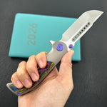 KB KNIVES KB436A Predator Folding Knife Sandblasting Titanium with 80's Camo Carbon inlay Handle 3.46'' Belt Satin Bohler M390 Blade