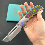 KB KNIVES KB436A Predator Folding Knife Sandblasting Titanium with 80's Camo Carbon inlay Handle 3.46'' Belt Satin Bohler M390 Blade