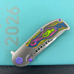 KB KNIVES KB436A Predator Folding Knife Sandblasting Titanium with 80's Camo Carbon inlay Handle 3.46'' Belt Satin Bohler M390 Blade