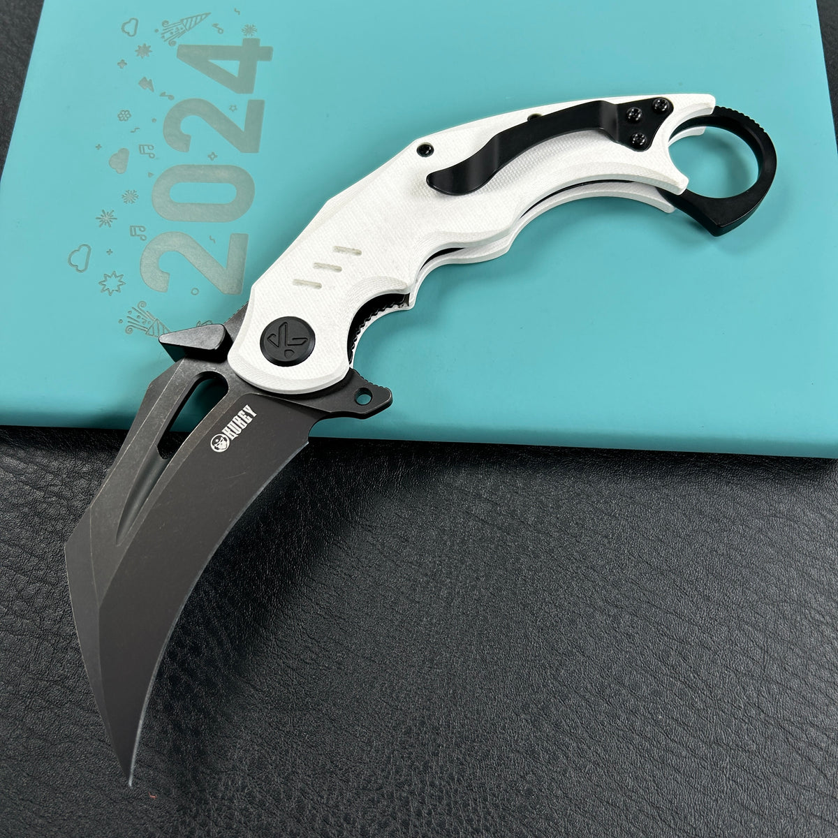 KUBEY KU261 Wrath Karambit Folding Knife White  G-10 Handle 2.68" Blackwash 14C28N