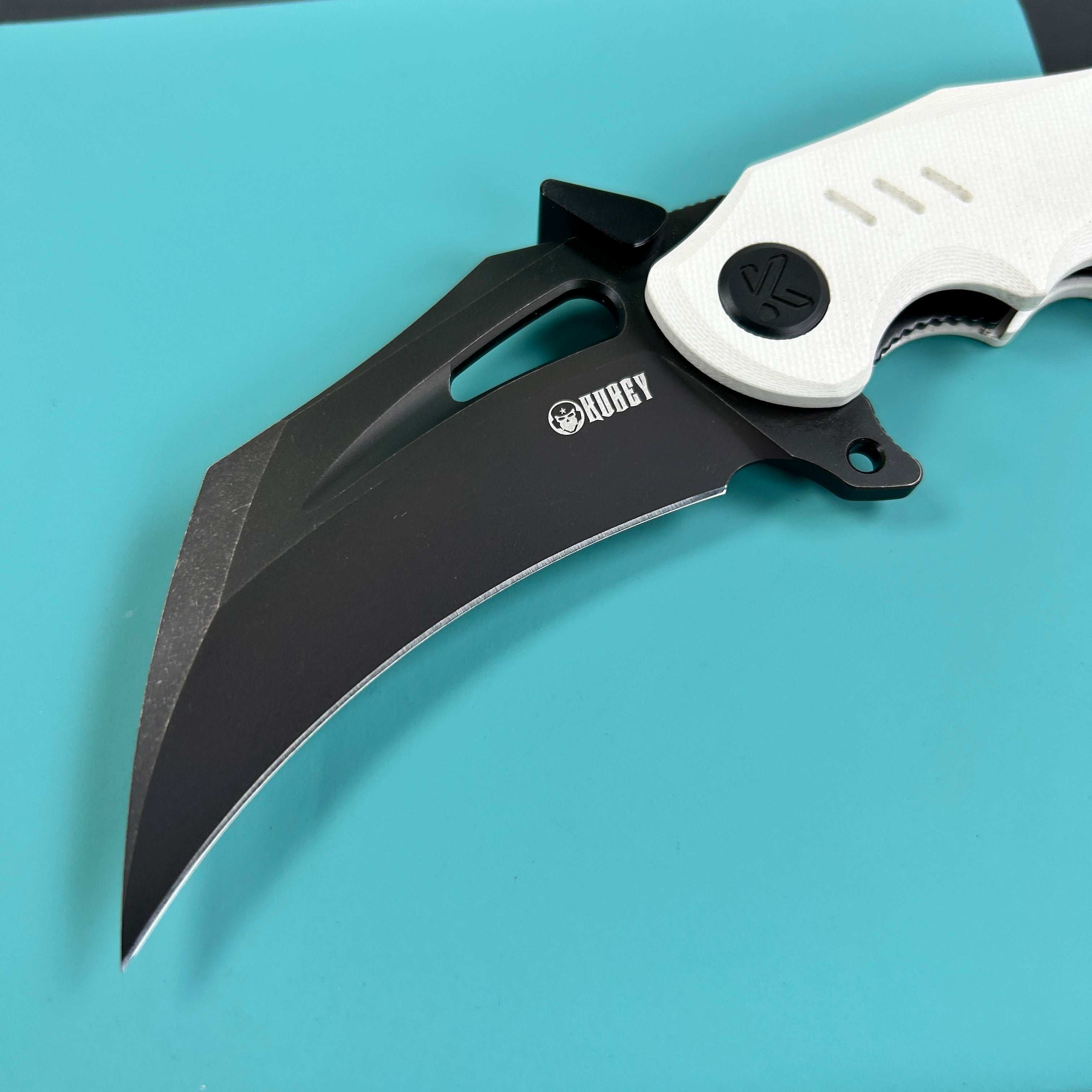 KUBEY KU261 Wrath Karambit Folding Knife White  G-10 Handle 2.68" Blackwash 14C28N