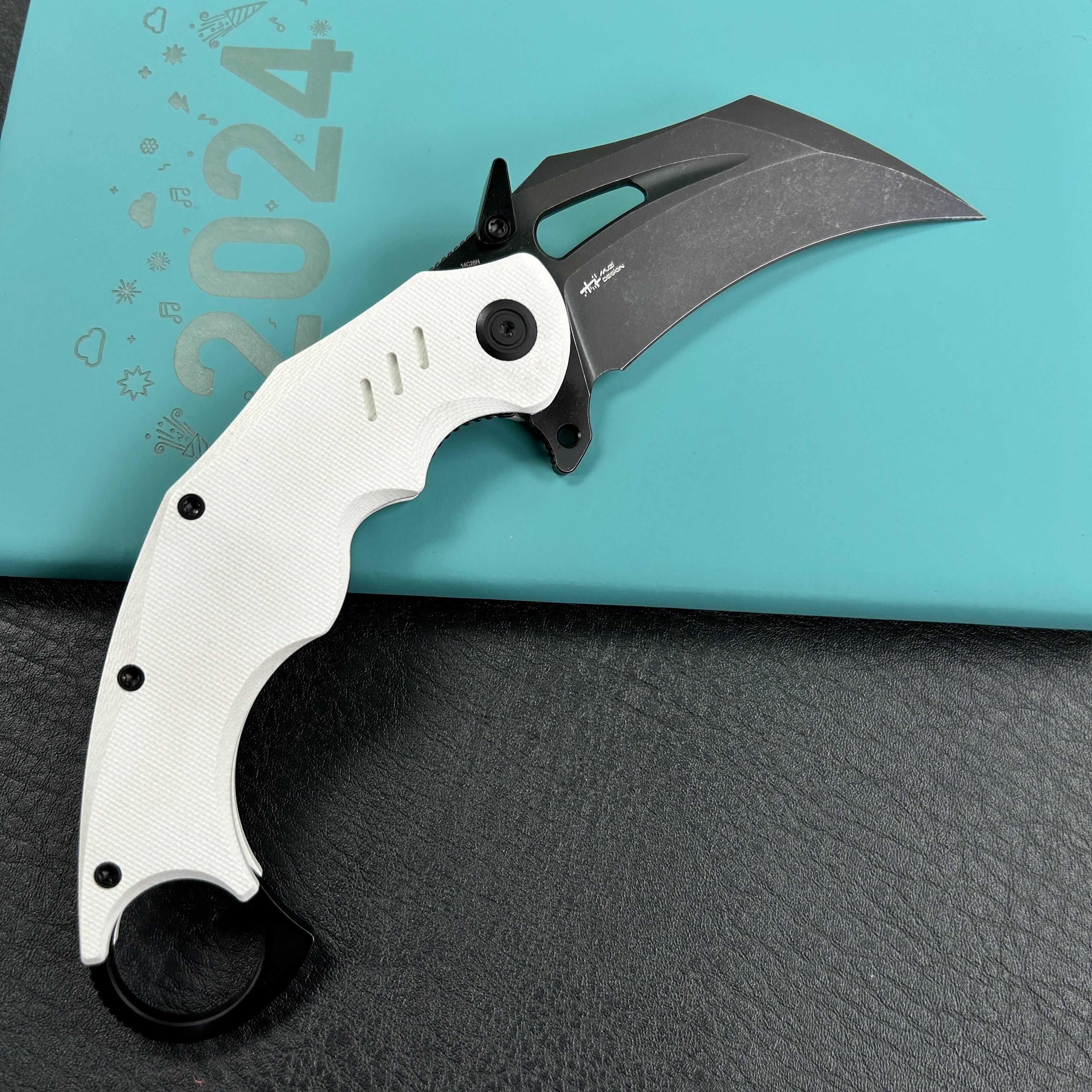 KUBEY KU261 Wrath Karambit Folding Knife White  G-10 Handle 2.68" Blackwash 14C28N