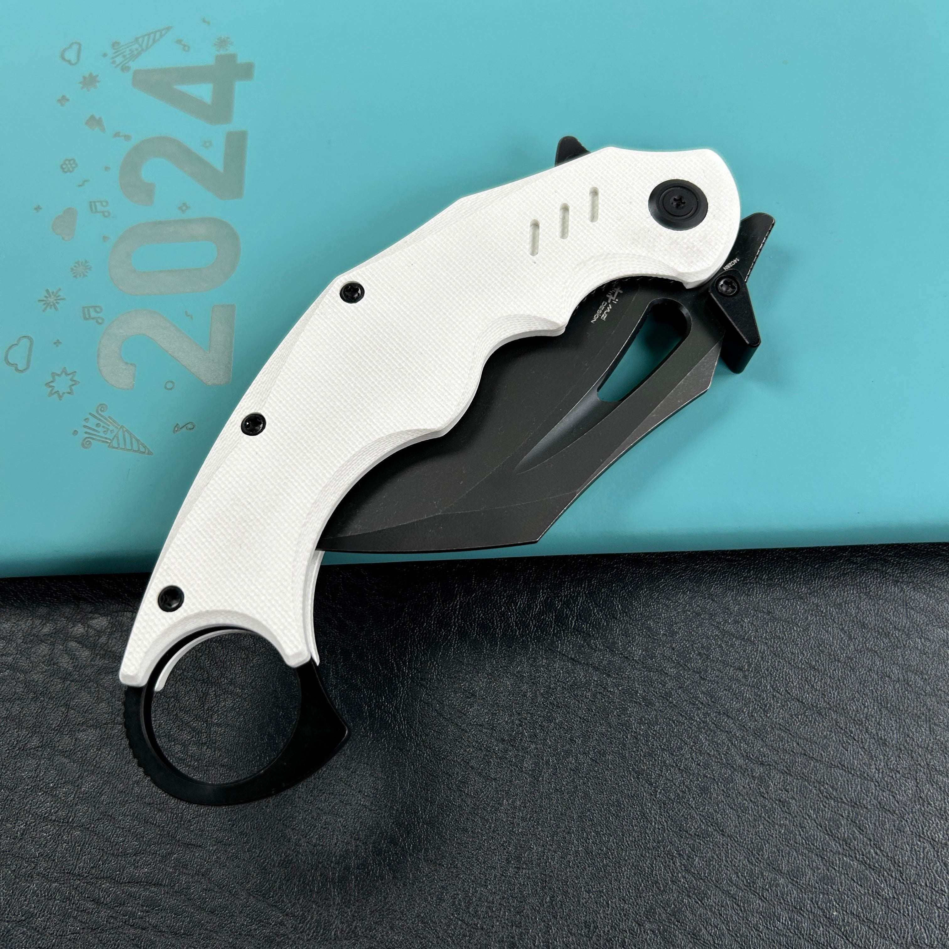 KUBEY KU261 Wrath Karambit Folding Knife White  G-10 Handle 2.68" Blackwash 14C28N