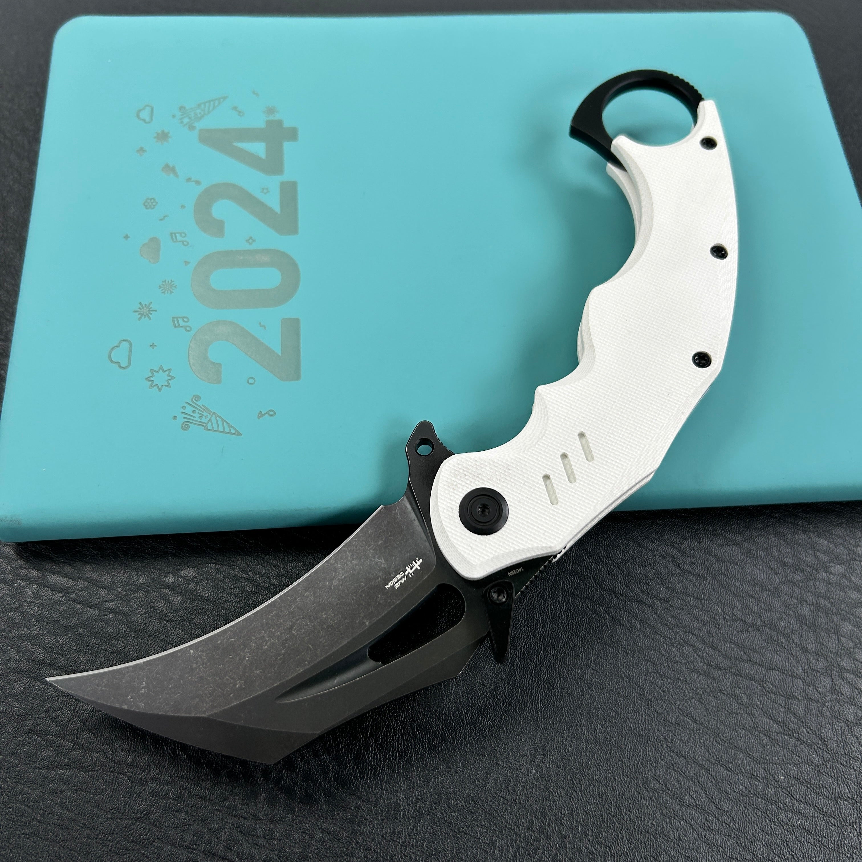 KUBEY KU261 Wrath Karambit Folding Knife White  G-10 Handle 2.68" Blackwash 14C28N