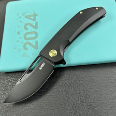 KUBEY KB368H Hyperion Frame Lock Flipper Knife Black Titanium Handle w/ Micro Milling Lines 3.5" Blackwash CPM-S35VN