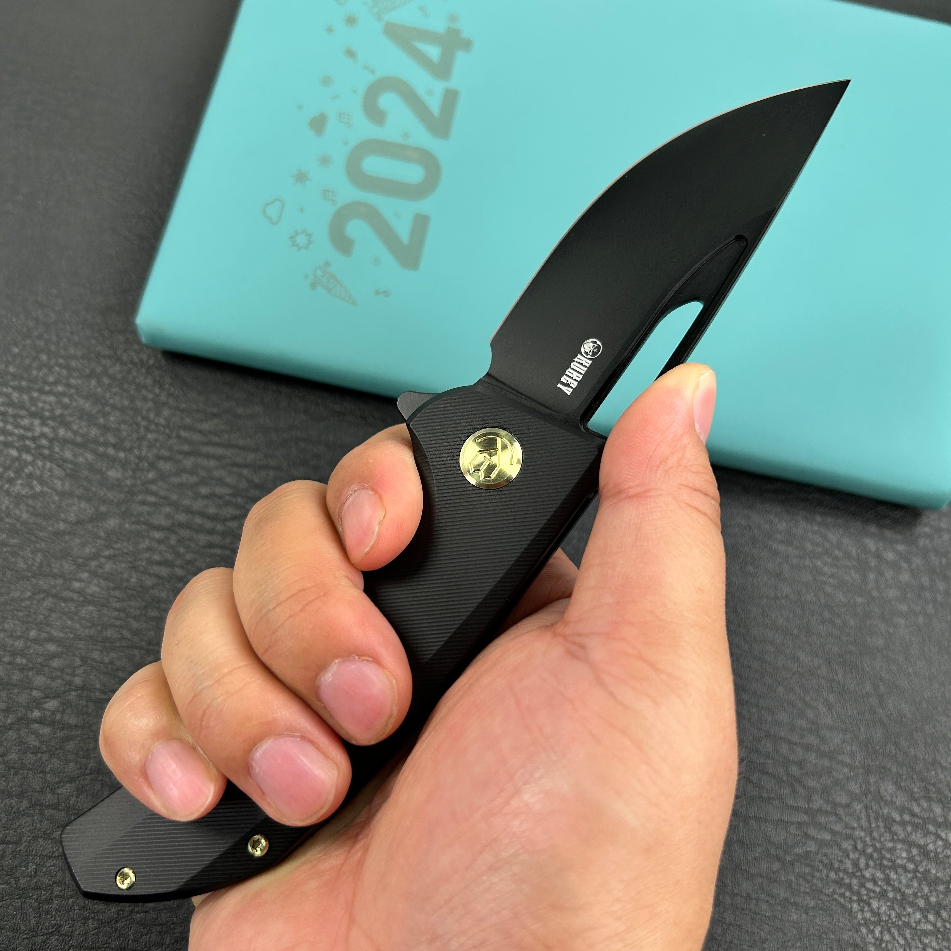 KUBEY KB368H Hyperion Frame Lock Flipper Knife Black Titanium Handle w/ Micro Milling Lines 3.5" Blackwash CPM-S35VN