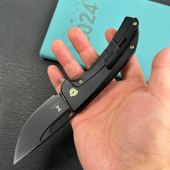 KUBEY KB368H Hyperion Frame Lock Flipper Knife Black Titanium Handle w/ Micro Milling Lines 3.5" Blackwash CPM-S35VN