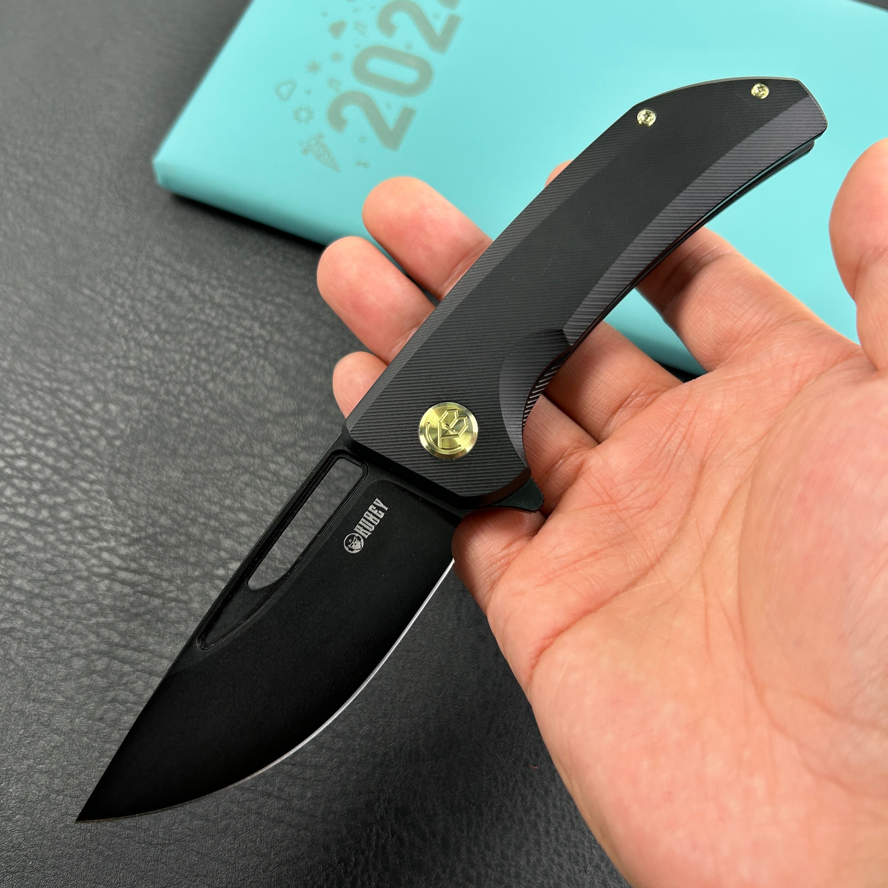 KUBEY KB368H Hyperion Frame Lock Flipper Knife Black Titanium Handle w/ Micro Milling Lines 3.5" Blackwash CPM-S35VN