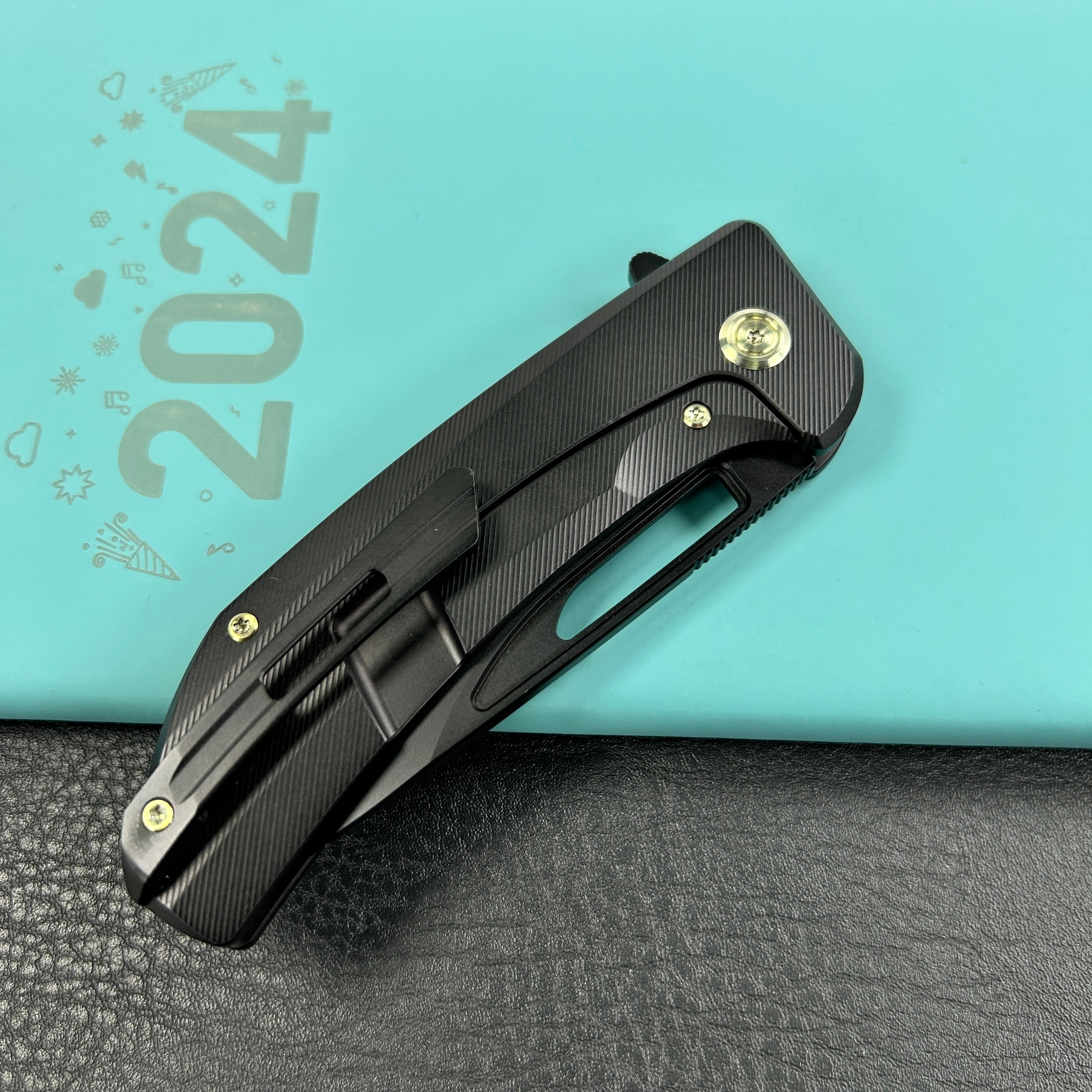 KUBEY KB368H Hyperion Frame Lock Flipper Knife Black Titanium Handle w/ Micro Milling Lines 3.5" Blackwash CPM-S35VN