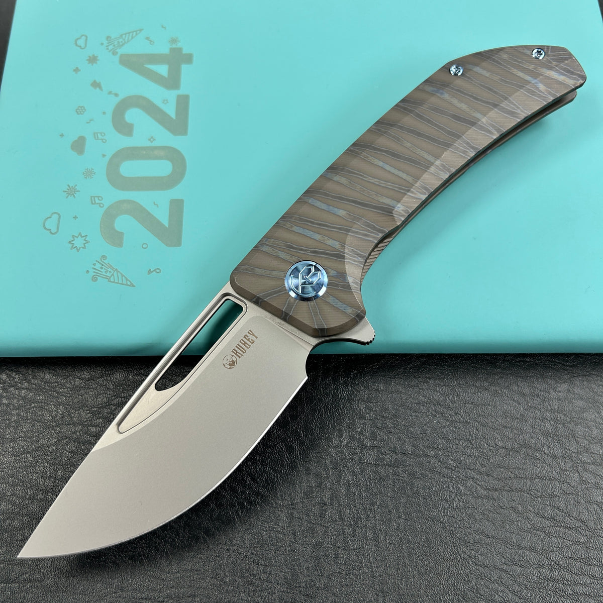 KUBEY KB368I Hyperion Frame Lock Flipper Knife Flame Titanium Handle w/ Micro Milling Lines 3.5" Sandblast CPM-S35VN