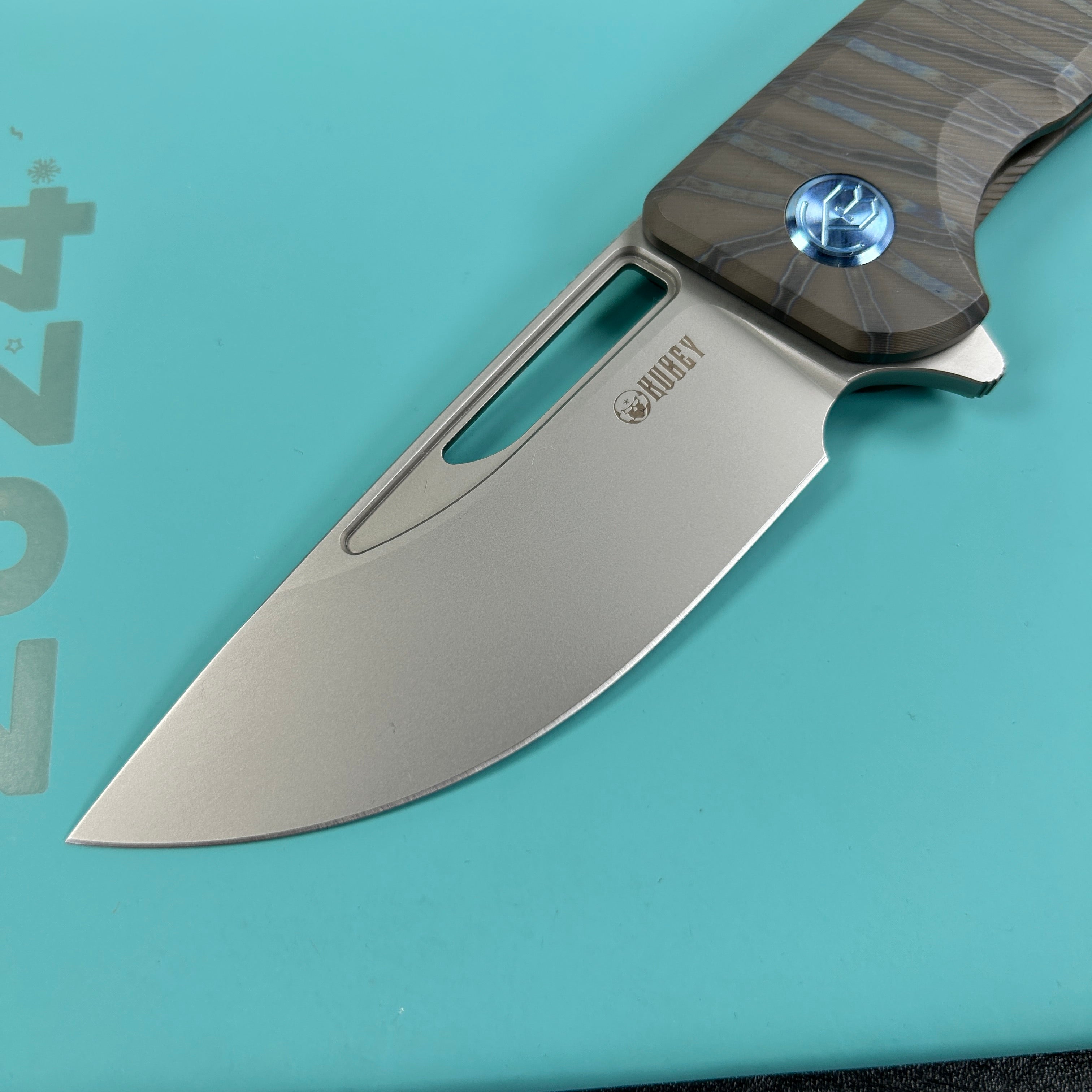 KUBEY KB368I Hyperion Frame Lock Flipper Knife Flame Titanium Handle w/ Micro Milling Lines 3.5" Sandblast CPM-S35VN