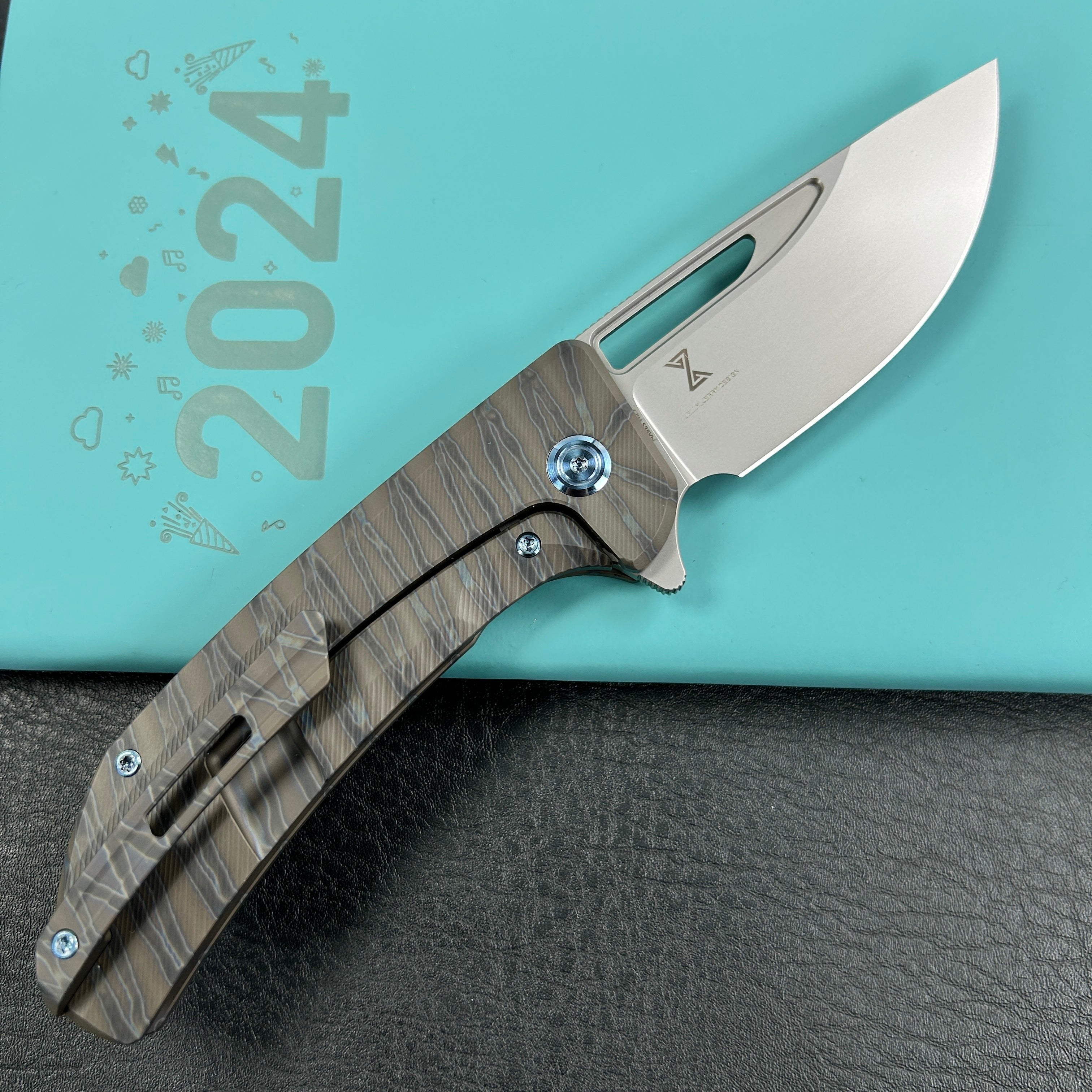 KUBEY KB368I Hyperion Frame Lock Flipper Knife Flame Titanium Handle w/ Micro Milling Lines 3.5" Sandblast CPM-S35VN