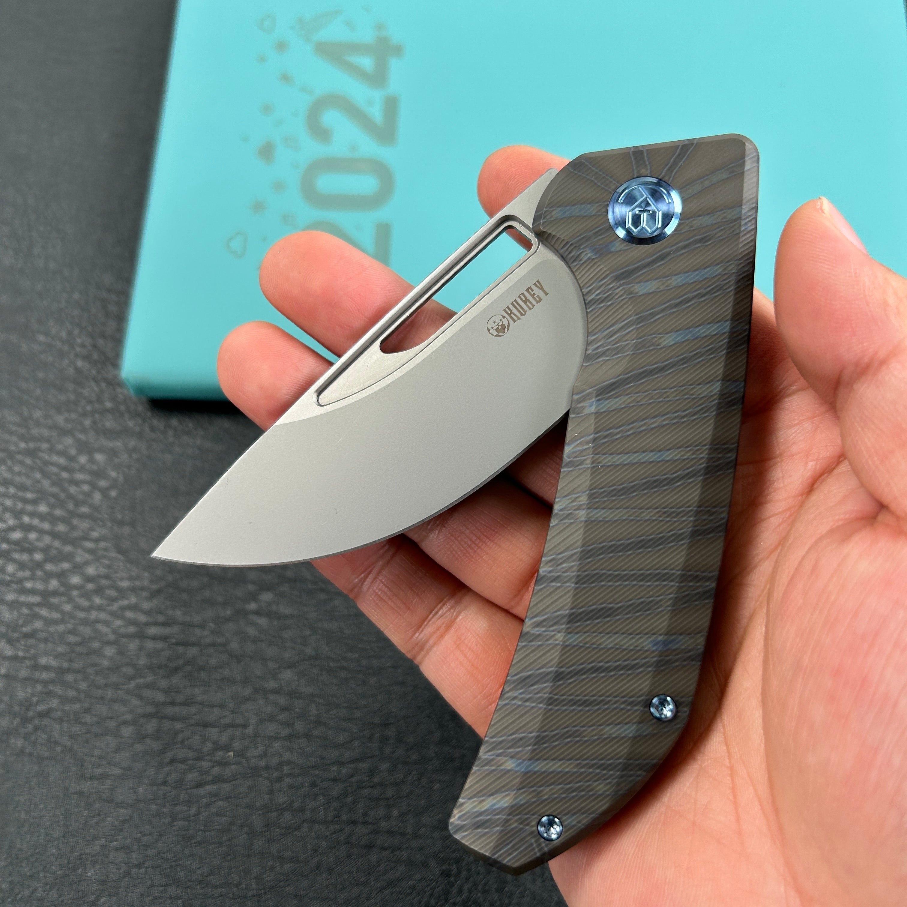 KUBEY KB368I Hyperion Frame Lock Flipper Knife Flame Titanium Handle w/ Micro Milling Lines 3.5" Sandblast CPM-S35VN