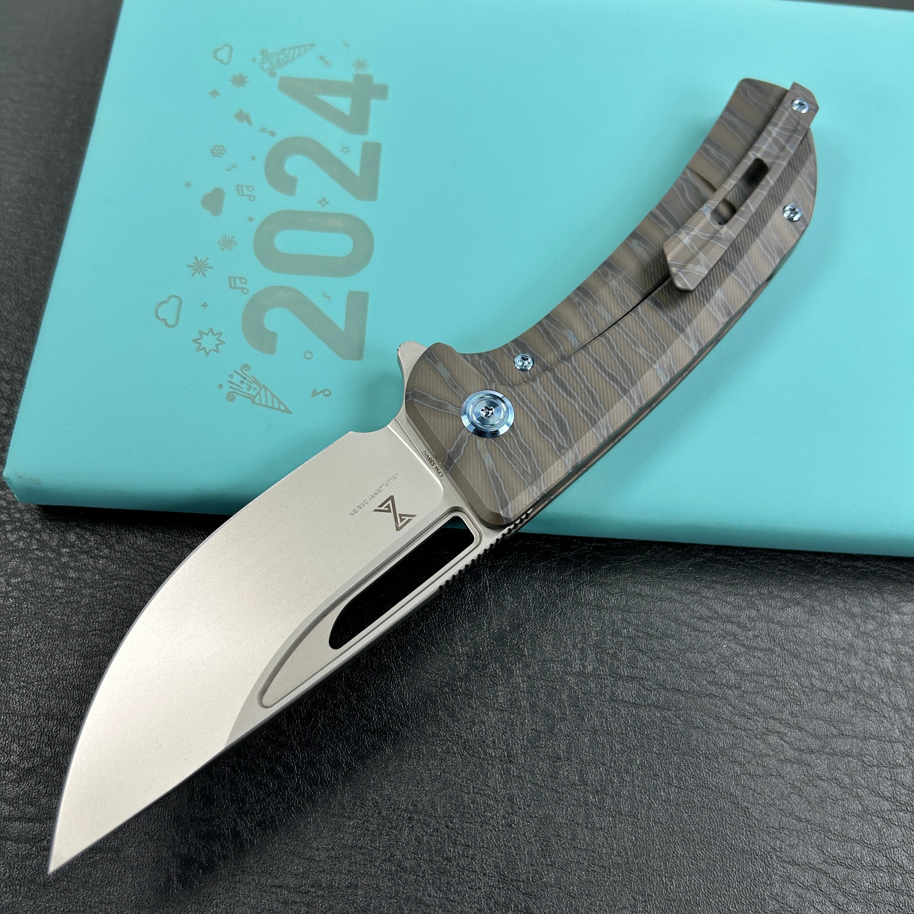 KUBEY KB368I Hyperion Frame Lock Flipper Knife Flame Titanium Handle w/ Micro Milling Lines 3.5" Sandblast CPM-S35VN