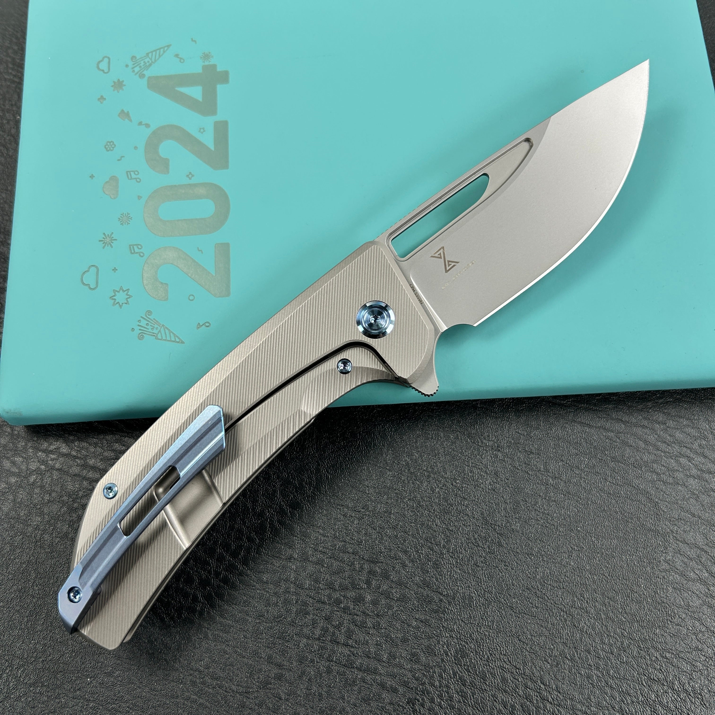 KUBEY KB368G Hyperion Frame Lock Flipper Knife Grey Titanium Handle w/ Micro Milling Lines 3.5" Sandblast CPM-S35VN