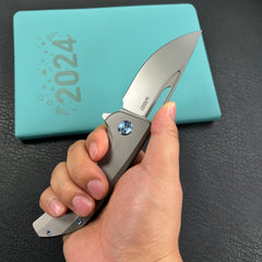 KUBEY KB368G Hyperion Frame Lock Flipper Knife Grey Titanium Handle w/ Micro Milling Lines 3.5" Sandblast CPM-S35VN