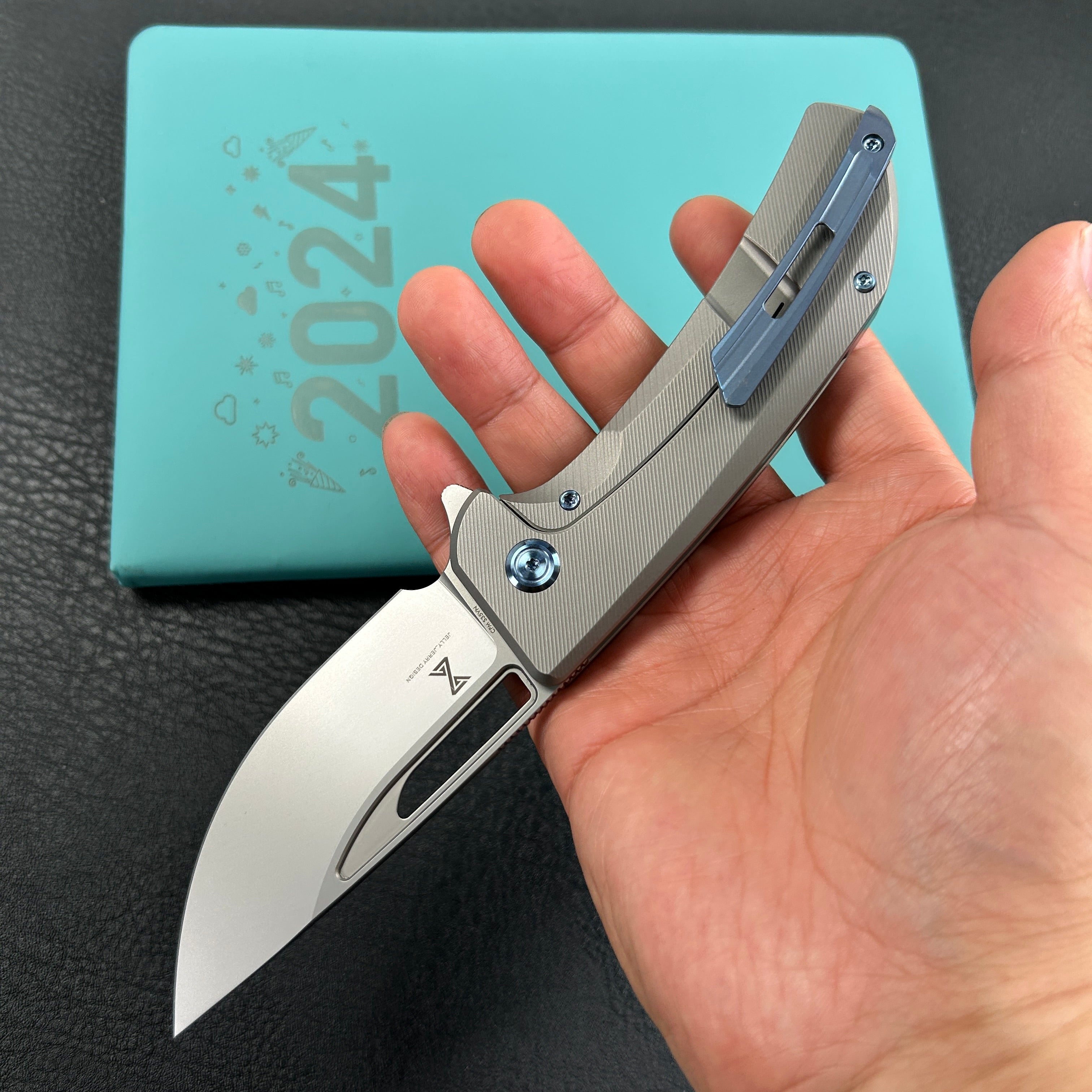 KUBEY KB368G Hyperion Frame Lock Flipper Knife Grey Titanium Handle w/ Micro Milling Lines 3.5" Sandblast CPM-S35VN